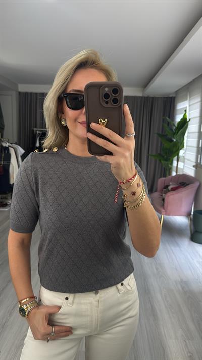 Gold Düğme Apoletli Gri Triko