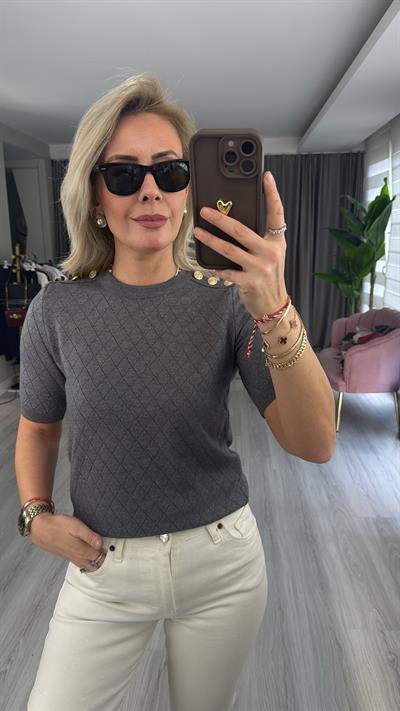 Gold Düğme Apoletli Gri Triko