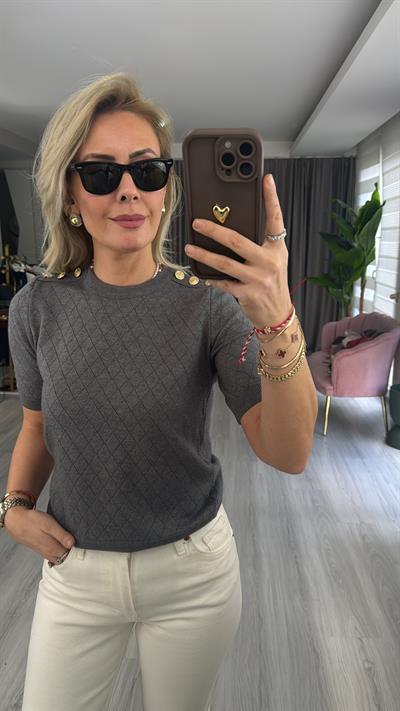 Gold Düğme Apoletli Gri Triko