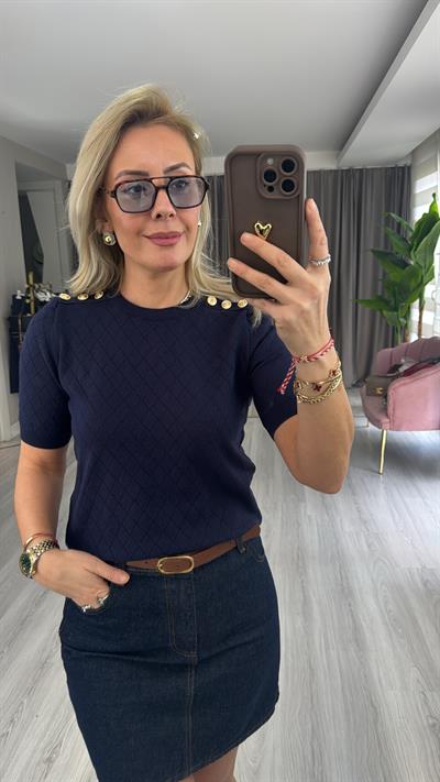 Gold Düğme Apoletli Lacivert Triko