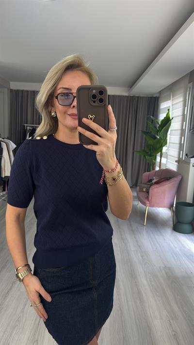 Gold Düğme Apoletli Lacivert Triko