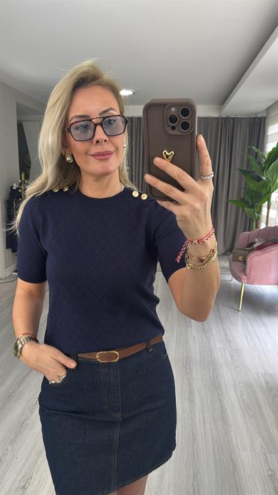 Gold Düğme Apoletli Lacivert Triko