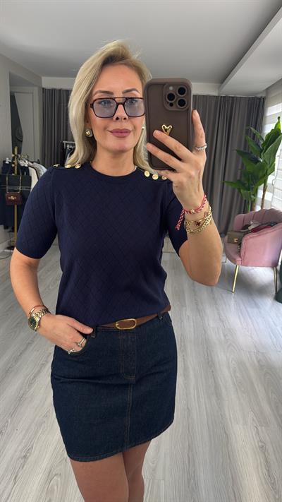 Gold Düğme Apoletli Lacivert Triko