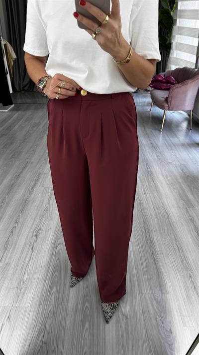 Gold Düğme Detay Piliseli Bordo Palazzo Pantolon
