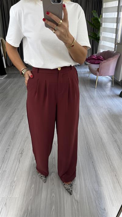 Gold Düğme Detay Piliseli Bordo Palazzo Pantolon