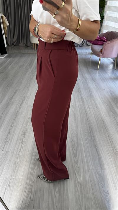 Gold Düğme Detay Piliseli Bordo Palazzo Pantolon