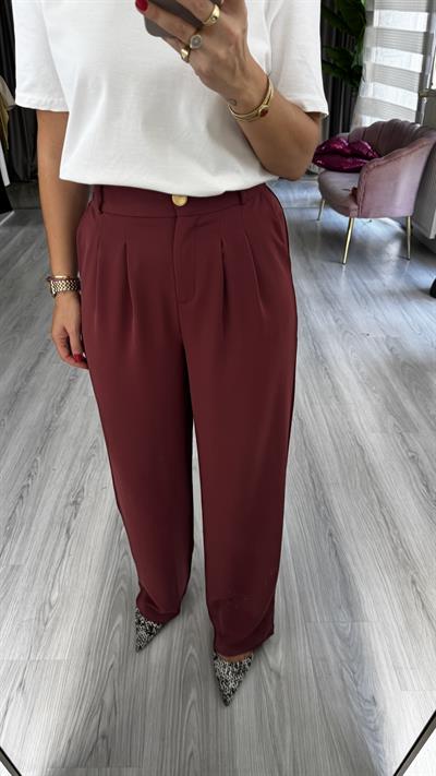 Gold Düğme Detay Piliseli Bordo Palazzo Pantolon
