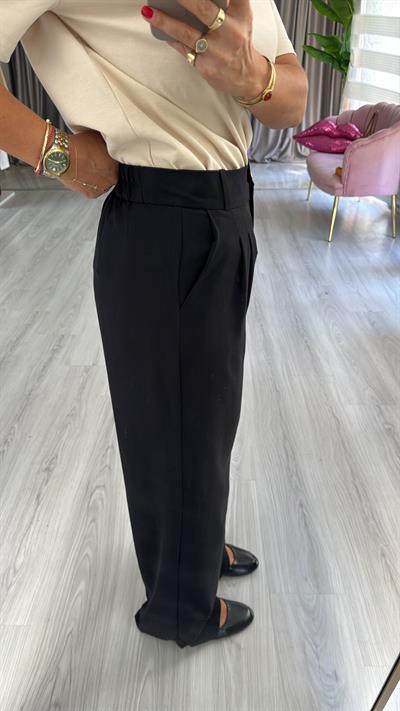 Gold Düğme Detay Piliseli Siyah Palazzo Pantolon