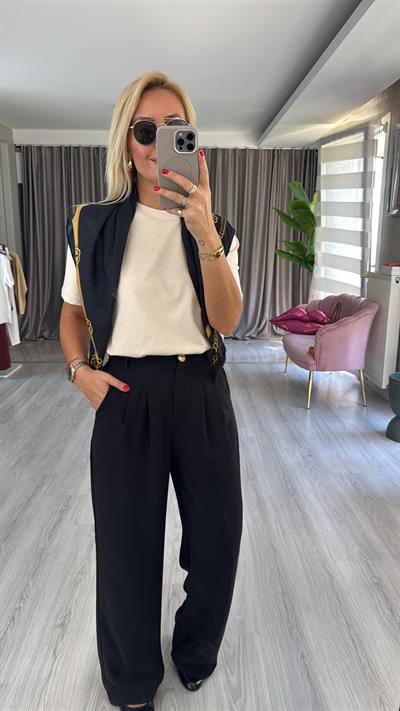 Gold Düğme Detay Piliseli Siyah Palazzo Pantolon