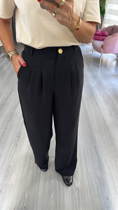 Gold Düğme Detay Piliseli Siyah Palazzo Pantolon