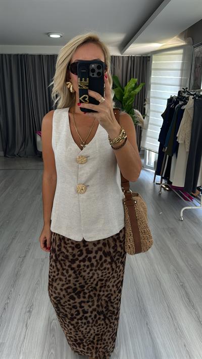 Gold Düğme Detaylı Bej Yelek