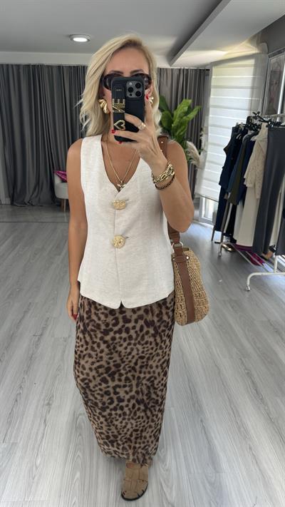 Gold Düğme Detaylı Bej Yelek