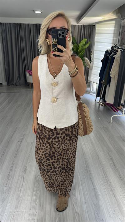 Gold Düğme Detaylı Bej Yelek