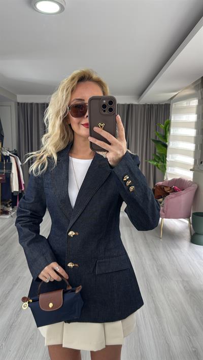 Gold Düğme Detaylı Lacivert Denim Blazer Ceket