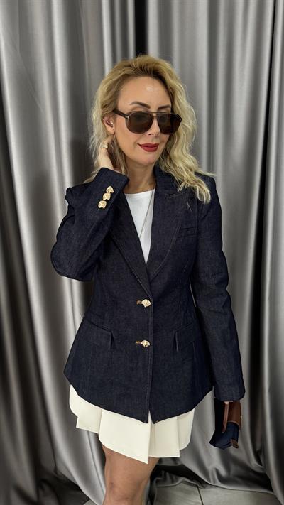 Gold Düğme Detaylı Lacivert Denim Blazer Ceket