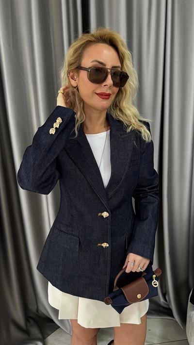 Gold Düğme Detaylı Lacivert Denim Blazer Ceket