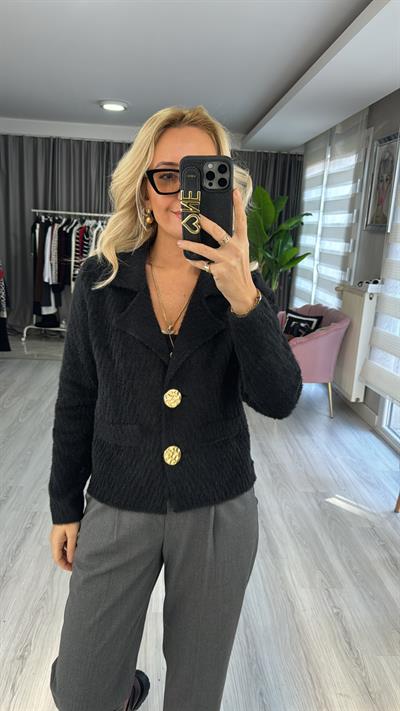 Gold Düğme Detaylı Zigzag Desen Siyah Triko Hırka