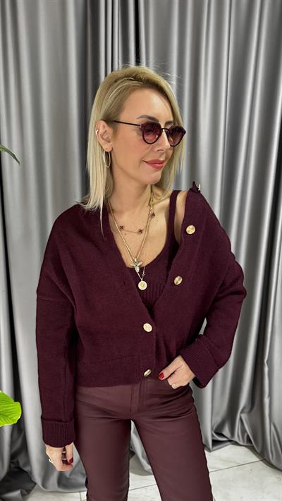 Gold Düğmeli Askılı Bluzlu Bordo Triko Takım