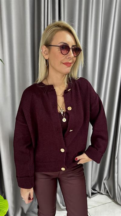 Gold Düğmeli Askılı Bluzlu Bordo Triko Takım