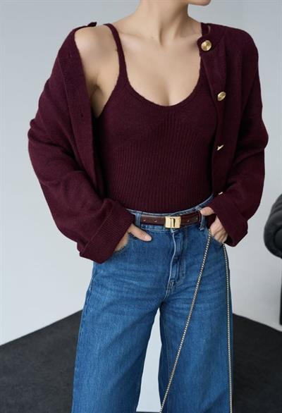 Gold Düğmeli Askılı Bluzlu Bordo Triko Takım
