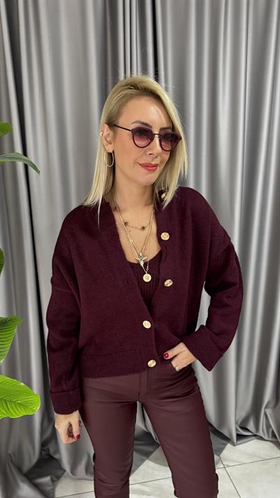 Gold Düğmeli Askılı Bluzlu Bordo Triko Takım