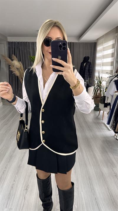 GOLD DÜĞMELİ BEYAZ BİYELİ SİYAH TRİKO YELEK