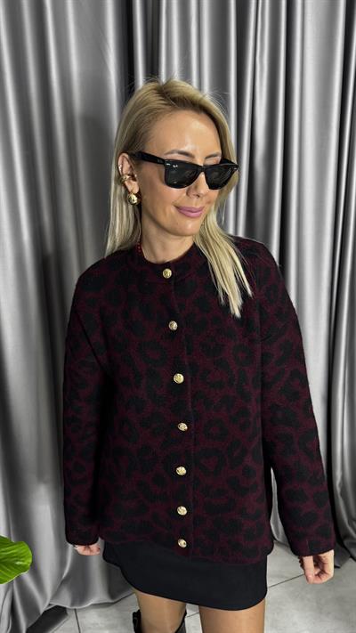 Gold Düğmeli Bordo Leopar Desenli Triko Ceket