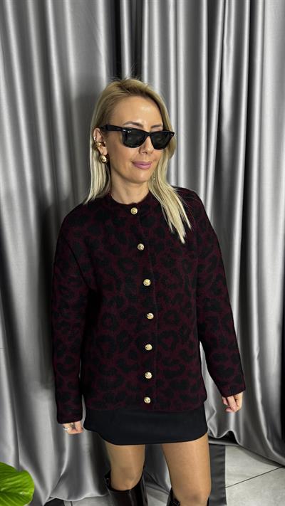 Gold Düğmeli Bordo Leopar Desenli Triko Ceket