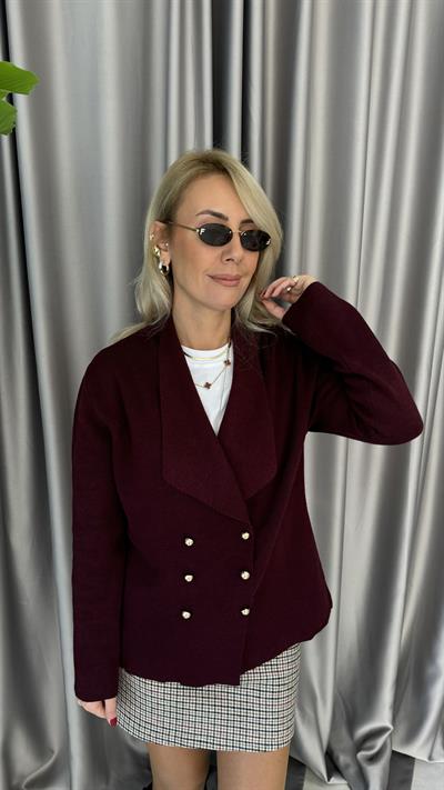 Gold Düğmeli Bordo Triko Ceket