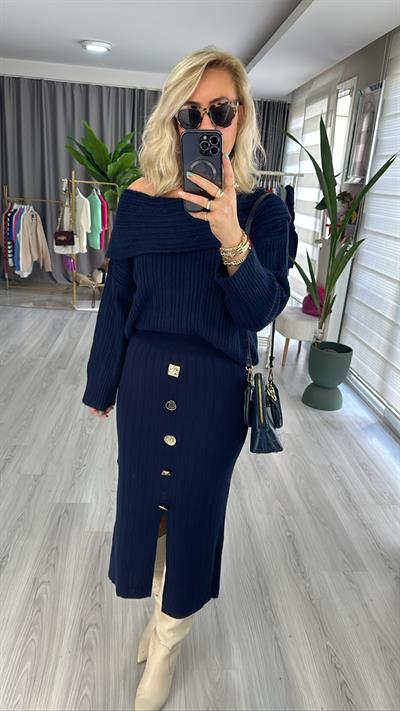 GOLD DÜĞMELİ, ÇELİK TRİKO LACİVERT ETEK