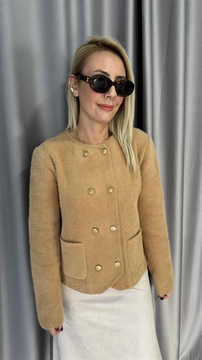 Gold Düğmeli Cepli Camel Triko Ceket