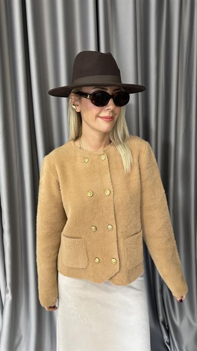 Gold Düğmeli Cepli Camel Triko Ceket
