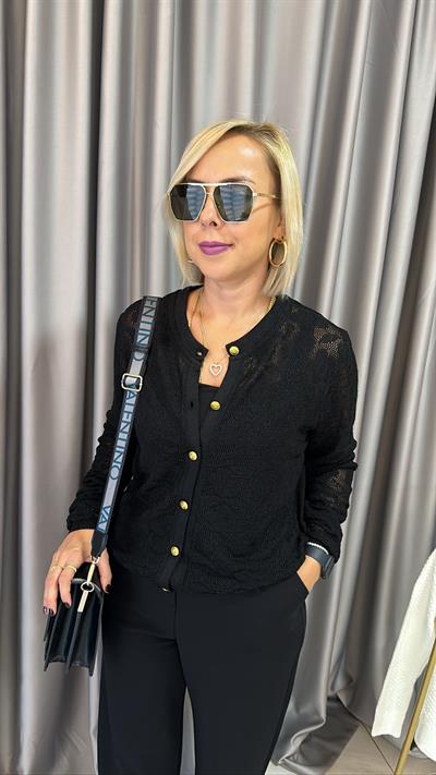 Gold Düğmeli, Güpür Detaylı, Siyah Merserize Triko 