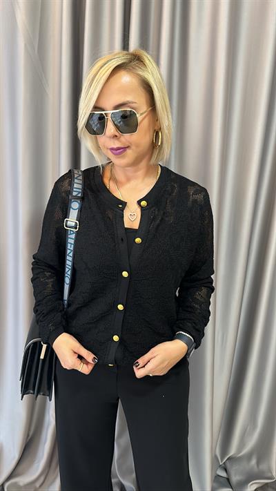 Gold Düğmeli, Güpür Detaylı, Siyah Merserize Triko 