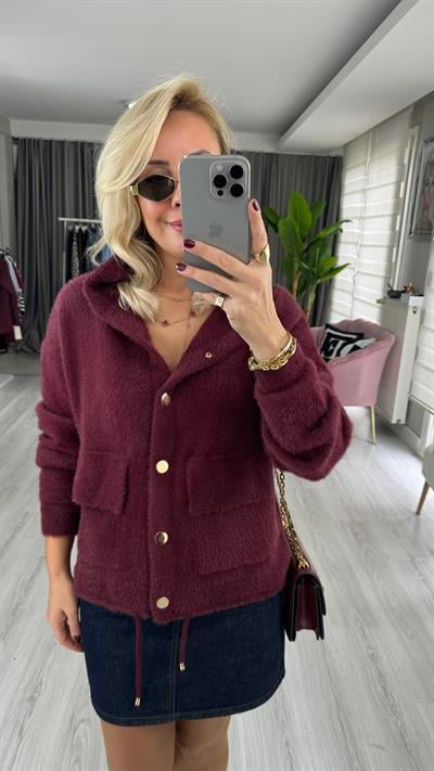 Gold Düğmeli Kapişonlu Bordo Triko Ceket