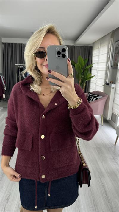Gold Düğmeli Kapişonlu Bordo Triko Ceket
