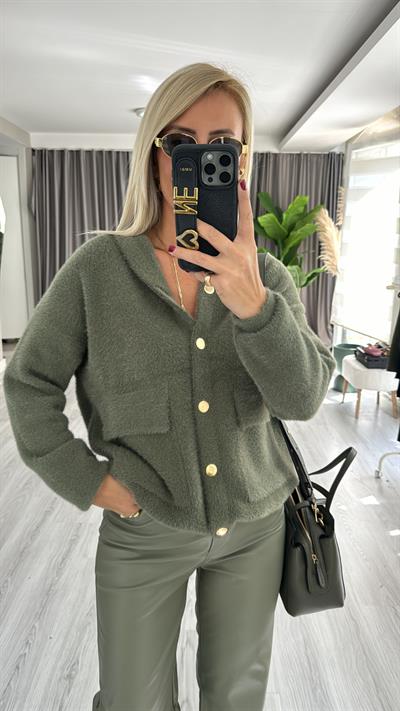 Gold Düğmeli Kapişonlu Haki Triko Ceket