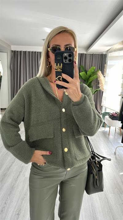 Gold Düğmeli Kapişonlu Haki Triko Ceket