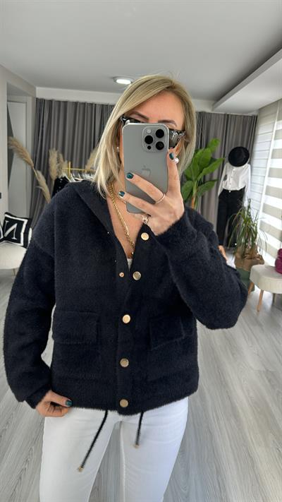 GOLD DÜĞMELİ KAPİŞONLU SİYAH TRİKO CEKET