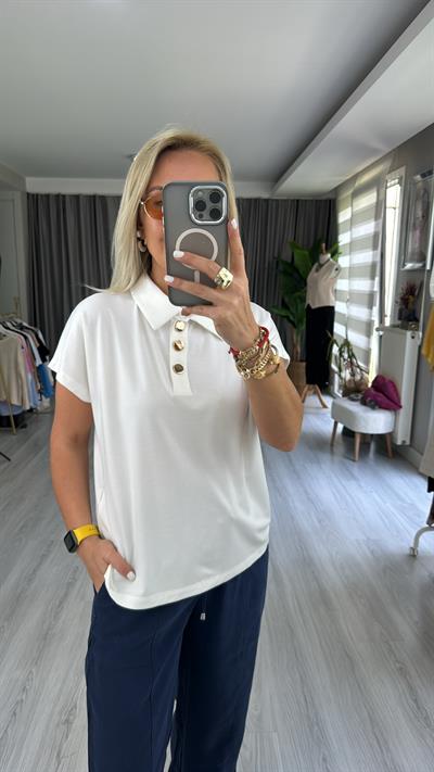 GOLD DÜĞMELİ MODAL EKRU BLUZ