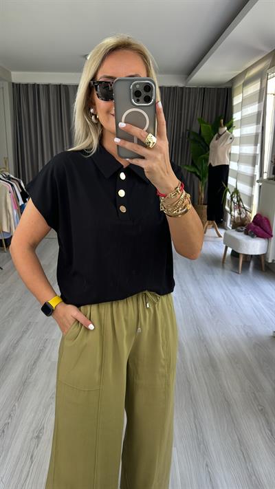 GOLD DÜĞMELİ MODAL SİYAH BLUZ