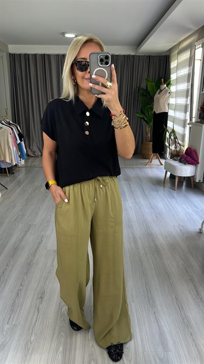 GOLD DÜĞMELİ MODAL SİYAH BLUZ