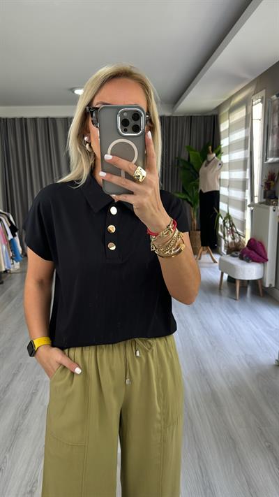 GOLD DÜĞMELİ MODAL SİYAH BLUZ