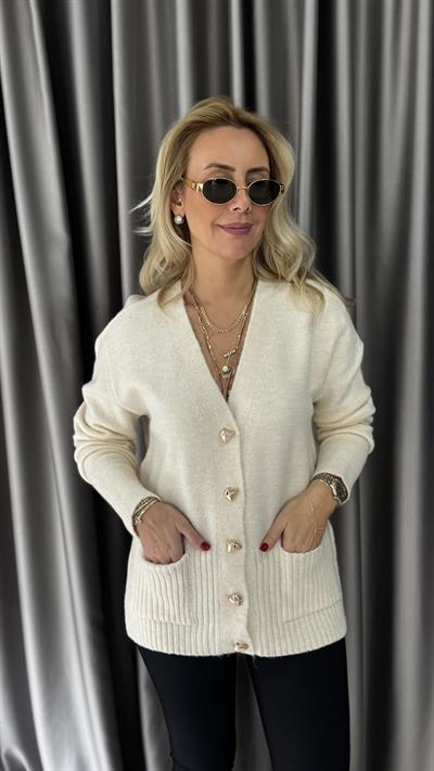 Gold Düğmeli Önden Cep Detaylı Ekru Triko