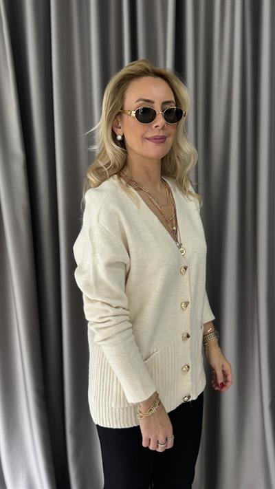 Gold Düğmeli Önden Cep Detaylı Ekru Triko