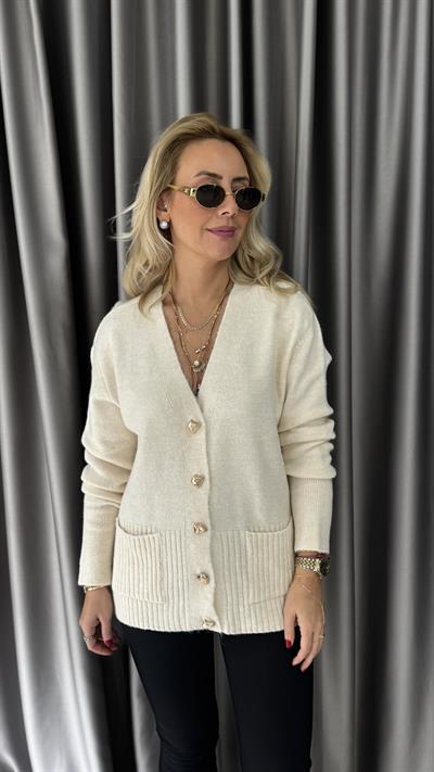 Gold Düğmeli Önden Cep Detaylı Ekru Triko