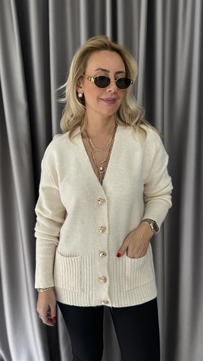 Gold Düğmeli Önden Cep Detaylı Ekru Triko