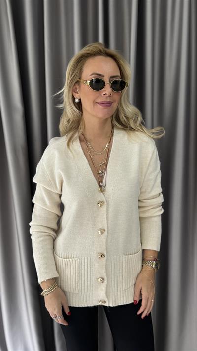 Gold Düğmeli Önden Cep Detaylı Ekru Triko