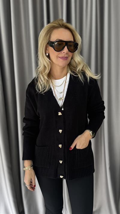 Gold Düğmeli Önden Cep Detaylı Siyah Triko