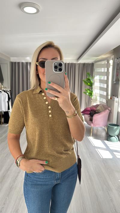 Gold Düğmeli Simli Polo Yaka Haki Triko